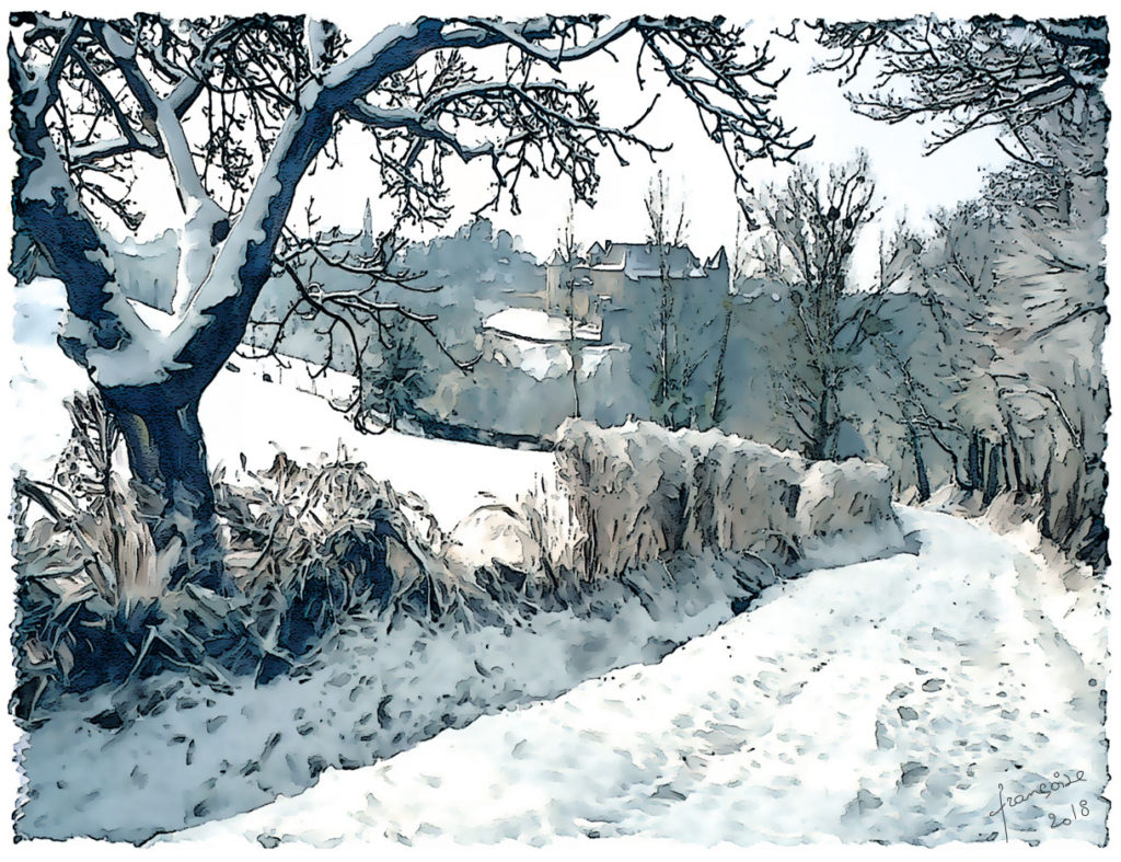 aquarelle Abbaye neige